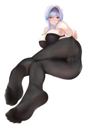 Rule 34 | 1girl, black bra, black panties, black pantyhose, blue hair, blush, bra, breasts, chinese commentary, cleavage, closed mouth, eula (genshin impact), eyelashes, eyes visible through hair, feet, full body, genshin impact, hair between eyes, hairband, highres, large breasts, light blue hair, lips, looking at viewer, lying, medium hair, no shoes, on side, panties, pantyhose, pantyhose tug, red eyes, sidelocks, simple background, smile, solo, thighs, underwear, underwear only, wd (1106592840), white background