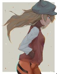 Rule 34 | 1girl, artist request, ass, blue eyes, bodysuit, bodysuit under clothes, breasts, brown hair, evangelion: 3.0 you can (not) redo, expressionless, eyepatch, floating hair, hands in pockets, hat, highres, jacket, long hair, looking at viewer, looking to the side, neon genesis evangelion, plugsuit, rebuild of evangelion, red bodysuit, shiny clothes, simple background, solo, souryuu asuka langley, wide hips, wind