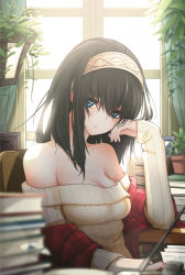 Rule 34 | 10s, 1girl, arm support, bare shoulders, black hair, blue eyes, blush, book, breasts, cleavage, fed (giba), hairband, highres, idolmaster, idolmaster cinderella girls, long hair, looking at viewer, off-shoulder, off-shoulder sweater, off shoulder, sagisawa fumika, sleeves past wrists, solo, sweater, window