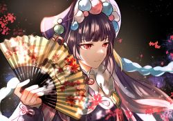 Rule 34 | 1girl, black hair, black headwear, blunt bangs, capelet, closed mouth, commentary request, fur collar, genshin impact, hand fan, highres, hime cut, holding, holding fan, lolita fashion, long sleeves, mikotoikill, pink capelet, qi lolita, red eyes, smile, solo, yun jin (genshin impact)