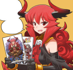 Rule 34 | 1girl, bare shoulders, black gloves, bracelet, breasts, curly hair, demon girl, demon tail, elbow gloves, fang, fourth wall, gloves, horns, jewelry, long hair, manga (object), maou beluzel, matsuda yuusuke, medium breasts, open mouth, original, red eyes, red hair, simple background, smile, solo, speech bubble, tail, yuusha to maou