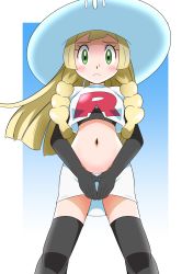 Rule 34 | 1girl, black footwear, black gloves, blonde hair, blue background, blush, boots, border, braid, child, cosplay, covering crotch, covering privates, creatures (company), elbow gloves, embarrassed, facing viewer, game freak, gloves, gradient background, green eyes, hainchu, hat, highres, jessie (pokemon), jessie (pokemon) (cosplay), lillie (pokemon), long hair, midriff, miniskirt, navel, nintendo, outside border, pokemon, pokemon (anime), pokemon (classic anime), pokemon sm, side braid, simple background, skirt, solo, standing, sun hat, team rocket (cosplay), thigh boots, thighhighs, white border, white hat, white skirt, zettai ryouiki