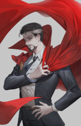 Rule 34 | 1boy, belt, black hair, black jacket, black necktie, black pants, brown belt, buttons, cloak, closed mouth, collared jacket, collared shirt, doctor strange, facial hair, fingernails, grey background, grey eyes, hand on own hip, hand up, highres, jacket, long sleeves, looking to the side, male focus, marvel, marvel cinematic universe, multicolored hair, necktie, open clothes, open jacket, pants, poboong123, red cloak, shirt, short hair, simple background, solo, two-tone hair, white hair, white shirt