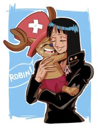 Rule 34 | 1boy, 1girl, age difference, artist request, black hair, book, breasts, cleavage, height difference, large breasts, long hair, nico robin, one piece, plant, potted plant, shorts, sitting, smile, sunglasses on head, tank top, tony tony chopper