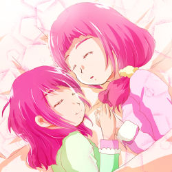 Rule 34 | 2girls, bed, blanket, closed mouth, commentary request, closed eyes, holding hands, hugtto! precure, mizuru-soraki, multiple girls, nono hana, nono kotori, on bed, open mouth, pajamas, pink hair, precure, siblings, sisters, sleeping