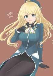 Rule 34 | 1girl, aio, ascot, atago (kancolle), beret, black gloves, black pantyhose, black skirt, blonde hair, blue eyes, blue hat, blue shirt, brown background, gloves, hat, highres, invisible chair, kantai collection, long hair, one-hour drawing challenge, overskirt, pantyhose, shirt, sitting, skirt, solo, white ascot