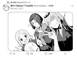 Rule 34 | 2boys, 2girls, alternate costume, anger vein, ayasegawa yumichika, bald, bleach, blush stickers, carrying, closed eyes, commentary, crossover, double v, dutch angle, geriyarou, greyscale, grin, group picture, hololive, hololive english, kusajishi yachiru, long hair, looking at viewer, madarame ikkaku, monochrome, mori calliope, multiple boys, multiple girls, outstretched arm, parted bangs, piggyback, ribbed sweater, robe, selfie, short hair, smile, sweater, tiara, turtleneck, turtleneck sweater, twitter, v, v over mouth, virtual youtuber