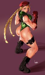 Rule 34 | 1girl, antenna hair, armor, ass, beret, blonde hair, blue eyes, boots, bowalia, braid, breasts, cammy white, capcom, curvy, female focus, fingerless gloves, from behind, from side, full body, gauntlets, gloves, grey background, halterneck, harness, hat, highleg, highleg leotard, huge ass, kneepits, large breasts, legs apart, leotard, long hair, looking at viewer, looking back, muscular, muscular female, pouch, red armor, red hat, shiny skin, signature, simple background, skin tight, solo, street fighter, street fighter v, thigh pouch, thigh strap, thighs, thong leotard, twin braids, v-shaped eyebrows, very long hair