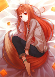 Rule 34 | 1girl, absurdres, animal ears, anklet, ayakura juu, barefoot, between legs, blush, brown hair, capri pants, feet, fetal position, full body, highres, holo, hugging own legs, jewelry, long hair, looking at viewer, lying, official art, on side, pants, plantar flexion, pouch, red eyes, scan, smile, solo, spice and wolf, tail, tail between legs, wolf ears, wolf tail