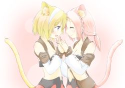 Rule 34 | 10s, 2girls, ^ ^, animal ears, bad id, bad pixiv id, blonde hair, braid, breasts, cat ears, cat girl, cat tail, cleavage, closed eyes, detached sleeves, facial mark, final fantasy, final fantasy xiv, midriff, miqo&#039;te, mode (mode-n), multiple girls, navel, own hands clasped, own hands together, pink background, pink hair, short hair, strapless, tail, tube top, warrior of light (ff14), whisker markings, yuri