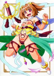 Rule 34 | 1girl, alternate costume, bare shoulders, baton, bell, bracelet, brown hair, cape, clothing cutout, commentary request, elbow gloves, framed, gloves, hair bell, hair ornament, highres, jewelry, kawachi koorogi, leotard, lots of jewelry, magical girl, marker (medium), midriff, millipen (medium), motoori kosuzu, navel, navel cutout, open mouth, overskirt, pink eyes, red gloves, red thighhighs, smile, solo, thighhighs, touhou, traditional media, twintails, two side up