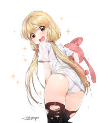 Rule 34 | 10s, 1girl, absurdres, ass, bad id, bad pixiv id, black thighhighs, blonde hair, blush, bottomless, brown eyes, dr poapo, futaba anzu, highres, idolmaster, idolmaster cinderella girls, long hair, looking back, low twintails, no pants, open mouth, panties, shiny skin, shirt, signature, simple background, solo, sparkle, stuffed animal, stuffed rabbit, stuffed toy, t-shirt, thighhighs, torn clothes, torn thighhighs, twintails, underwear, very long hair, white background, white panties
