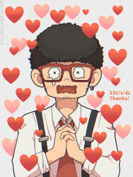 Rule 34 | 1boy, black hair, blush, earrings, facial hair, franky franklin, heart, jewelry, looking at viewer, male focus, necktie, ouka (gegege 853suki), own hands together, red-framed eyewear, red necktie, shirt, sideburns, single earring, solo, spy x family, stubble, suspenders, tearing up, upper body, wavy mouth, white shirt