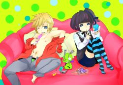 Rule 34 | !, 10s, 2boys, ahoge, blonde hair, blue eyes, brothers, cake, candy, chuck (psg), english text, food, gender request, genderswap, gothic lolita, hat, jacket, licking, lolita fashion, multicolored hair, multiple boys, navel, necktie, open mouth, panties, panty &amp; stocking with garterbelt, panty (psg), piercing, pink hair, purple hair, short hair, siblings, sitting, stocking (psg), thighhighs, underwear, wink