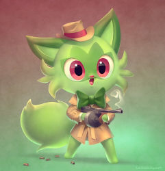 Rule 34 | 1other, :3, animal ears, animal nose, barefoot, body fur, bow, bowtie, brown coat, brown hat, cat ears, chibi, clothed pokemon, coat, creatures (company), drum magazine, fangs, fedora, fox tail, full body, furry, game freak, gradient background, green background, green bow, green bowtie, green fur, gun, happy, hat, holding, holding gun, holding weapon, legs apart, long sleeves, magazine (weapon), nintendo, open mouth, other focus, pokemon, pokemon (creature), red background, red eyes, shell casing, shirt, simple background, smile, smoke, smoking barrel, solo, sprigatito, standing, submachine gun, tail, thompson submachine gun, tracy butler, trench coat, two-tone background, two-tone fur, watermark, weapon, web address, white shirt