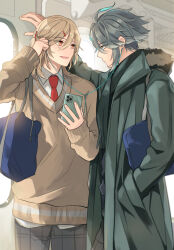 Rule 34 | 2boys, ahoge, alhaitham (genshin impact), arm up, bag, blonde hair, blue bag, blush, brown sweater, cellphone, closed mouth, coat, collared shirt, commentary request, cowboy shot, earphones, expressionless, eye contact, eyelashes, fur-trimmed coat, fur trim, genshin impact, green coat, green hair, grey hair, grey pants, hair between eyes, hair ornament, hairclip, hand in pocket, hand up, highres, holding, holding phone, kaveh (genshin impact), kt (ktakbl0), light rays, long hair, long sleeves, looking at another, male focus, multicolored hair, multiple boys, necktie, open clothes, open coat, open mouth, pants, phone, profile, red eyes, red necktie, school bag, shared earphones, shirt, short hair, shoulder bag, sidelocks, sleeves past wrists, smartphone, smile, standing, sweater, swept bangs, train interior, white shirt, window, wing collar
