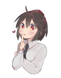 Rule 34 | 1girl, :d, ahoge, black hair, black necktie, blush, breasts, citrus (place), cropped torso, finger to mouth, hat, heart, highres, index finger raised, looking at viewer, necktie, open mouth, parted lips, red eyes, shameimaru aya, shirt, short hair, small breasts, smile, solo, tokin hat, touhou, upper body, white shirt, wing collar