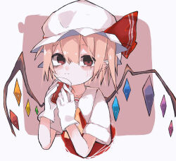 Rule 34 | 1girl, ascot, blonde hair, closed mouth, crystal, flandre scarlet, gloves, hat, hat ribbon, highres, medium hair, mob cap, nacht musik, pointy ears, red eyes, red ribbon, ribbon, short sleeves, simple background, solo, touhou, upper body, white gloves, wings, yellow ascot