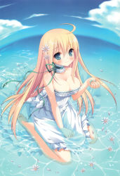 Rule 34 | 1girl, absurdres, ahoge, aqua eyes, barefoot, blonde hair, blouse, blush, breasts, choker, cleavage, fisheye, flower, frills, hair ornament, hairpin, highres, inugahora an, kneeling, large breasts, long hair, looking at viewer, original, partially submerged, ribbon, shirt, sitting, smile, solo, source request, very long hair, wariza, water