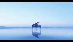 Rule 34 | absurdres, blue theme, commentary request, floating, floating object, grand piano, highres, instrument, letterboxed, mountainous horizon, nengoro, no humans, original, piano, reflection, scenery, signature, water