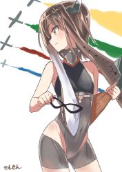 Rule 34 | 10s, 1girl, aircraft, airplane, armpits, artist name, bare shoulders, blush, brown eyes, brown hair, cameltoe, contrapposto, covered navel, cowboy shot, domino mask, flat chest, fusion, grey hair, groin, halterneck, headgear, highleg, hip vent, holding, inkling, inkling player character, kantai collection, leotard, light smile, looking to the side, mask, nintendo, pink eyes, profile, sensen, short hair with long locks, sidelocks, signature, simple background, smile, solo, splatoon (series), splatoon 1, standing, striped, taihou (kancolle), tentacle hair, turtleneck, unitard, unworn mask, white background