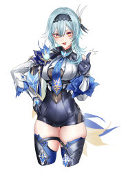 Rule 34 | 1girl, :d, absurdres, artist name, black footwear, black hairband, black leotard, blue cape, blue hair, blue necktie, bodystocking, boots, breasts, cape, chibi, chibi inset, clothing cutout, cropped legs, eula (genshin impact), genshin impact, genshin impact sticker redraw (meme), gloves, hair between eyes, hairband, highres, large breasts, leotard, looking at viewer, medium hair, meme, necktie, open mouth, pottsness, reference inset, shoulder cutout, simple background, skindentation, smile, solo, standing, thigh boots, thigh strap, thighhighs, thumbs up, tight clothes, vision (genshin impact), white sleeves, yellow eyes