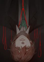 Rule 34 | 1boy, 3four, black jacket, brown hair, collared shirt, commentary request, green eyes, green necktie, grey background, hair between eyes, hypnosis mic, jacket, kannonzaka doppo, looking at viewer, male focus, necktie, noose, parted lips, red pupils, shirt, solo, upper body, upside-down, white shirt, wing collar