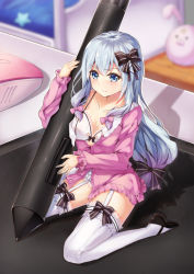 Rule 34 | 10s, 1girl, black bow, black footwear, blue eyes, blurry, blurry background, bow, bow bra, bra, breasts, cleavage, closed mouth, collarbone, drawing tablet, eromanga sensei, frilled shirt, frilled sleeves, frills, full body, garter straps, hair bow, izumi sagiri, lace, lace-trimmed legwear, lace trim, long hair, long sleeves, looking at viewer, mary janes, medium breasts, mini person, minigirl, mouse (computer), off shoulder, pajamas, pink bow, pink shirt, shirt, shoes, silver hair, sitting, solo, stuffed animal, stuffed rabbit, stuffed toy, stylus, thighhighs, underwear, wariza, white bra, yitiao yuxian