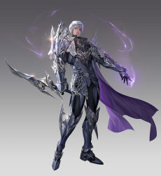 Rule 34 | 1boy, absurdres, armor, armored boots, black gloves, boots, cape, closed mouth, commentary, dagger, english commentary, full body, gloves, gradient background, grey hair, grey shirt, highres, holding, holding dagger, holding knife, holding weapon, knee boots, knife, lips, looking at viewer, official art, purple cape, purple eyes, r2 online, shirt, shoulder armor, solo, standing, taekwon kim, vambraces, weapon