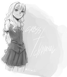 Rule 34 | 1girl, arms behind back, copyright name, cowboy shot, cross channel, from below, grey background, greyscale, long hair, macchagaria, monochrome, pleated skirt, school uniform, serafuku, simple background, skirt, smile, solo, standing, yamanobe miki