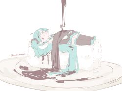 Rule 34 | 1girl, :i, absurdres, ahoge, aqua eyes, aqua footwear, aqua hair, black skirt, black thighhighs, blush, commentary request, detached sleeves, full body, hatsune miku, highres, jitome, long hair, lying, nunumo, on back, plate, pleated skirt, rice, shoes, simple background, skirt, solo, soy sauce, thighhighs, twitter username, very long hair, vocaloid, white background