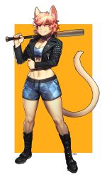 Rule 34 | 1girl, absurdres, animal ears, artist name, baseball bat, body fur, boots, border, breasts, cat ears, cat girl, cat tail, cleavage, collar, commission, full body, furry, furry female, heart, highres, holding, holding baseball bat, jacket, long sleeves, looking at viewer, medium breasts, midriff, navel, original, parted lips, pgm300, pink eyes, short hair, shorts, simple background, solo, spiked boots, standing, star (symbol), strapless, tail, teeth, tube top, two-tone background, watermark, white border, yellow background