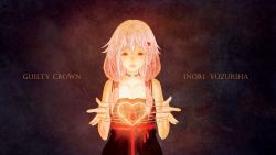 Rule 34 | 10s, 1girl, bare shoulders, cat&#039;s cradle, character name, choker, copyright name, dress, goroku, guilty crown, hair ornament, hairclip, long hair, looking at viewer, open mouth, pink hair, red eyes, smile, solo, string, twintails, yuzuriha inori