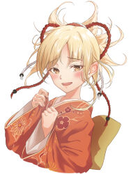 Rule 34 | 1girl, artist request, asymmetrical hair, blonde hair, clenched hands, eyelashes, female focus, fingernails, floral print, genshin impact, hair ornament, hands up, happy, highres, japanese clothes, kimono, long hair, long sleeves, looking at viewer, mihoyo, neck, obi, open mouth, orange eyes, orange yukata, parted bangs, print yukata, sash, short ponytail, sidelocks, simple background, standing, traditional clothes, upper body, white background, wide sleeves, yellow obi, yoimiya (genshin impact), yukata