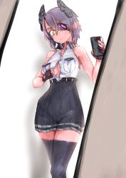 Rule 34 | 1girl, abaratani kurou, belt, black belt, black gloves, black skirt, black thighhighs, blush, breast pocket, breasts, cellphone, clothes pull, collarbone, collared shirt, eyepatch, gloves, highres, holding, holding phone, kantai collection, large breasts, looking at viewer, mirror, partially fingerless gloves, phone, pocket, purple hair, selfie, shirt, shirt pull, short hair, skirt, sleeveless, smartphone, solo, sweatdrop, tenryuu (kancolle), thighhighs, unbuttoned, unbuttoned shirt, underboob, white shirt