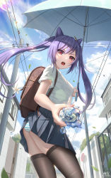 Rule 34 | 1girl, backpack, bag, blue skirt, blue sky, bottle, brown thighhighs, chinese commentary, city, cloud, commentary request, cone hair bun, cowboy shot, from below, genshin impact, hair between eyes, hair bun, hair ornament, highres, holding, holding bottle, holding umbrella, keqing (genshin impact), long hair, looking at viewer, open mouth, panties, pantyshot, pleated skirt, purple hair, red eyes, shirt, skirt, skirt caught on object, sky, solo, splashing, standing, striped clothes, striped panties, teeth, thighhighs, twintails, umbrella, underwear, upper teeth only, utility pole, wardrobe malfunction, water, water bottle, white shirt, yuxing yuhang