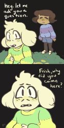 Rule 34 | 1boy, = =, androgynous, asriel dreemurr, brown hair, comic, dark skin, english text, fangs, flower, frisk (undertale), highres, monster boy, mushroomstairs, shirt, spoilers, striped clothes, striped shirt, undertale