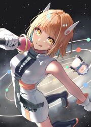 1girl :q black_footwear blonde_hair blue_eyes blue_hair boots colored_inner_hair dress gloves hair_ornament hairclip haze_haseru_haterumade_(zutomayo) highres holding holding_microphone looking_at_viewer microphone multicolored_hair nira-chan nira-chan_(haze_haseru_haterumade)_(zutomayo) sleeveless sleeveless_dress space tanu_shigureni tongue tongue_out two-tone_eyes two-tone_hair uniguri_(zutomayo) white_dress white_gloves yellow_eyes zutto_mayonaka_de_ii_no_ni