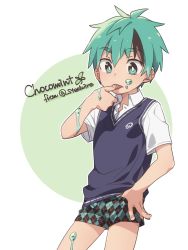 Rule 34 | 1boy, argyle, borrowed character, boxers, bright pupils, character name, child, chocomint-kun (yuushitessen), food on body, green eyes, green hair, highres, licking, licking finger, male focus, male underwear, no pants, original, school uniform, short sleeves, solo, sweater vest, underwear, wool bl