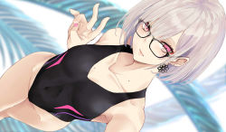 Rule 34 | 1girl, bare shoulders, black one-piece swimsuit, breasts, character request, cleavage, collarbone, copyright request, cowboy shot, earrings, groin, hair between eyes, hand up, jewelry, looking at viewer, mole, mole on breast, mole on neck, mole under eye, nabeshima tetsuhiro, nail polish, one-piece swimsuit, pink eyes, pink nails, short hair, sidelocks, silver hair, small breasts, smile, solo, swimsuit, thighs