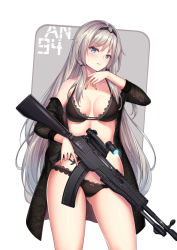 Rule 34 | 1girl, an-94, an-94 (girls&#039; frontline), assault rifle, black bra, black panties, blue eyes, blush, bra, breasts, cenangam, character name, cleavage, commentary request, fingernails, girls&#039; frontline, grey hair, gun, holding, holding gun, holding weapon, lace, lace-trimmed bra, lace-trimmed panties, lace trim, long hair, looking at viewer, medium breasts, nail polish, open clothes, panties, parted lips, rifle, scope, solo, standing, underwear, weapon