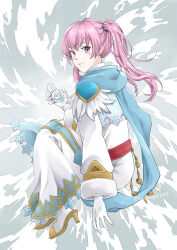 Rule 34 | 1girl, absurdres, blue scarf, commentary request, dress, eyelashes, fire emblem, fire emblem: the blazing blade, fire emblem heroes, flower, gloves, grey background, high heels, highres, jewelry, light smile, long dress, long hair, looking back, midori no baku, nintendo, official alternate costume, pink eyes, pink hair, scarf, serra (fire emblem), serra (resplendent) (fire emblem), solo, twintails, white dress, white flower, white gloves, yellow footwear