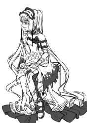Rule 34 | 1girl, absurdly long hair, bare shoulders, bracelet, commentary request, fate/hollow ataraxia, fate (series), full body, greyscale, hairband, jewelry, koimizu, lolita hairband, long hair, monochrome, purple eyes, sandals, shaded face, shadow, sitting, sketch, smile, solo, spot color, stheno (fate), twintails, very long hair, white background