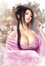 Rule 34 | 1girl, artist request, bare shoulders, black hair, breasts, brown eyes, chinese clothes, cleavage, earrings, flower, hair bun, hair ornament, japanese clothes, jewelry, large breasts, long hair, realistic, solo, source request