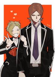 Rule 34 | 1boy, 1girl, absurdres, black jacket, black pants, blonde hair, blush, brown hair, btmr game, closed eyes, closed mouth, hand in pocket, heart, highres, jacket, lisa silverman, necktie, pants, persona, persona 2, persona 2 tsumi, ponytail, purple neckwear, red eyes, red neckwear, school uniform, seven sisters high school uniform, shirt, signature, simple background, suou tatsuya, two-tone background, upper body, w, white shirt