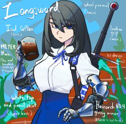 Rule 34 | 1girl, armor, black hair, blue eyes, blue ribbon, centurii-chan (artist), closed mouth, coffee, collared shirt, commentary, cup, english commentary, english text, gauntlets, highres, holding, holding cup, long hair, looking at viewer, original, puffy sleeves, ribbon, sheath, sheathed, shirt, solo, sword, weapon, weapon on back, white shirt