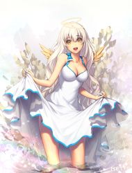 Rule 34 | 1girl, :d, angel, angel wings, artist name, bare legs, blonde hair, bow, breasts, cleavage, dress, gradient background, halo, long hair, looking at viewer, metto, open mouth, original, rain, skirt hold, sleeveless, sleeveless dress, smile, solo, very long hair, wading, water, white dress, wings, yellow eyes