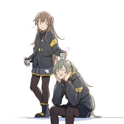Rule 34 | 2girls, armband, black pantyhose, brown eyes, brown hair, closed eyes, cup, disposable cup, elbows on knees, feet out of frame, full body, girls&#039; frontline, grey hair, hair between eyes, hands on own cheeks, hands on own face, head rest, holding, holding cup, jacket, long hair, long sleeves, multiple girls, object on head, official alternate costume, one side up, open mouth, pantyhose, pleated skirt, scar, scar across eye, scar on face, siblings, sisters, sitting, skirt, smile, standing, star (symbol), ump40 (girls&#039; frontline), ump45 (girls&#039; frontline), ump45 (winter journey) (girls&#039; frontline), white background, xinhao