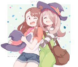 Rule 34 | 2girls, blush, brown hair, dress, hair over one eye, hat, highres, kagari atsuko, little witch academia, long hair, multiple girls, open mouth, pale skin, pink hair, purple hair, red eyes, short hair, simple background, smile, sucy manbavaran, witch, witch hat, yuri