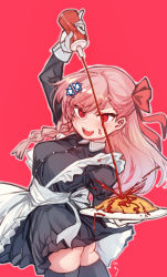 Rule 34 | 1girl, alternate costume, aningay, apron, black dress, black thighhighs, braid, dress, food, girls&#039; frontline, gloves, hair ornament, hair ribbon, highres, ketchup, ketchup bottle, long hair, long sleeves, looking at viewer, maid, negev (girls&#039; frontline), omelet, omurice, open mouth, pink hair, plate, red background, red eyes, ribbon, simple background, solo, thighhighs, white apron, white gloves